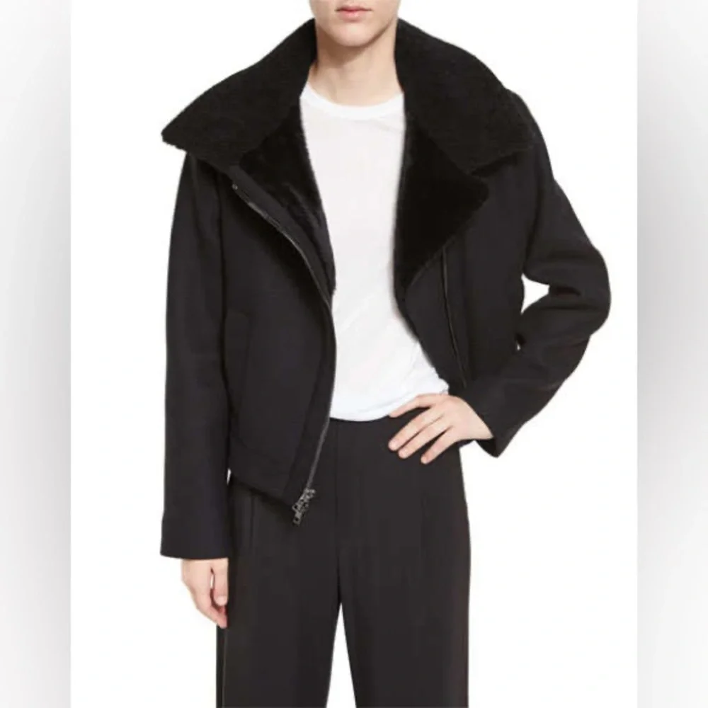 NWT $750 Vince Shearling Trimmed Fur Lined Wool Blend Moto Jacket in Black